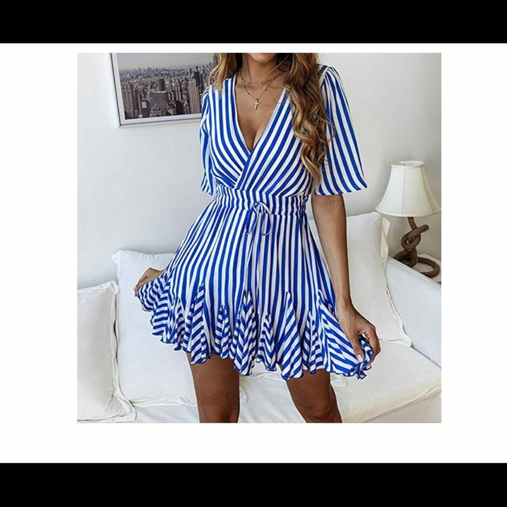 🆕Striped Wrap Ruffle Pleated Mini Dress with Belt